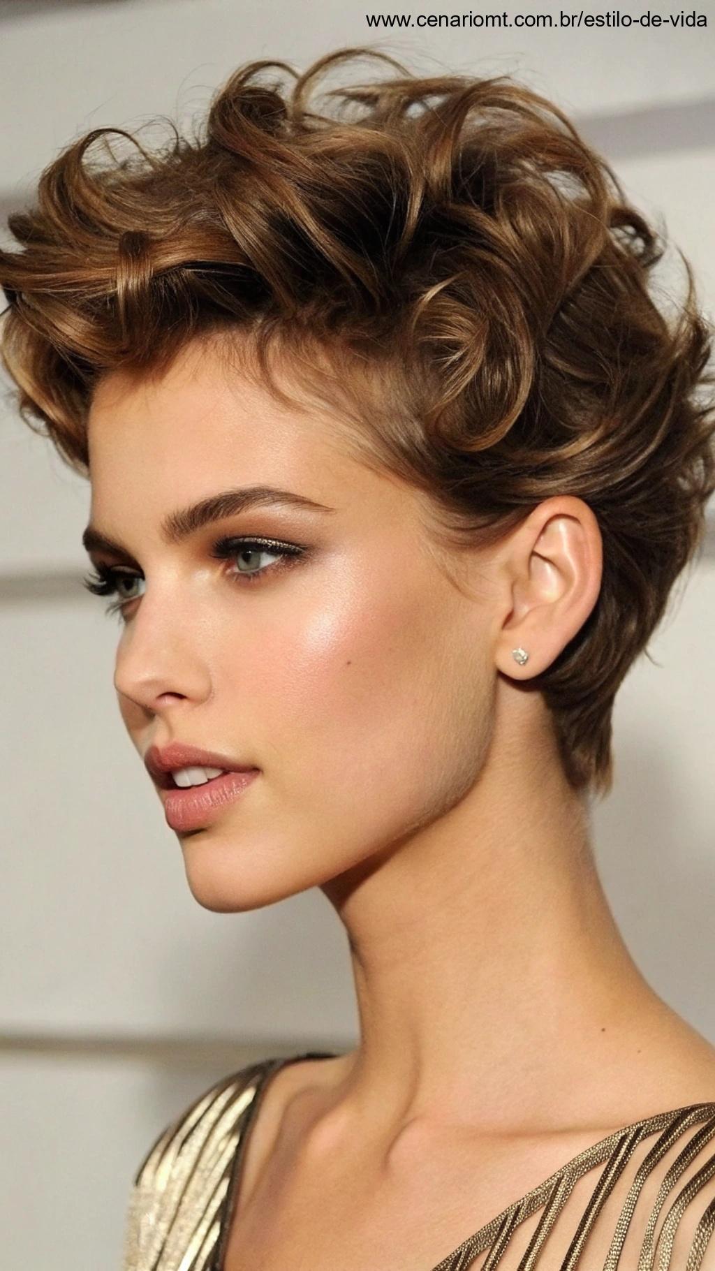 Pixie cut com topo volumoso e ondas suaves para um visual marcante.