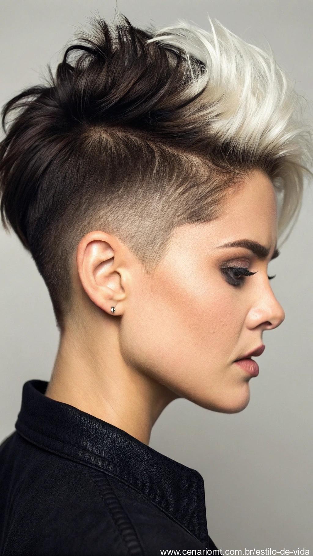 Pixie cut com undercut e camadas contrastantes.
