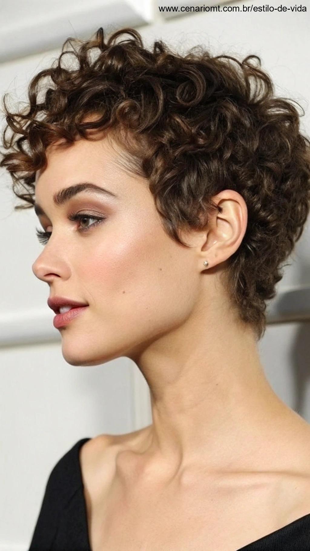 Pixie cut cacheado com cachos definidos e volumosos.