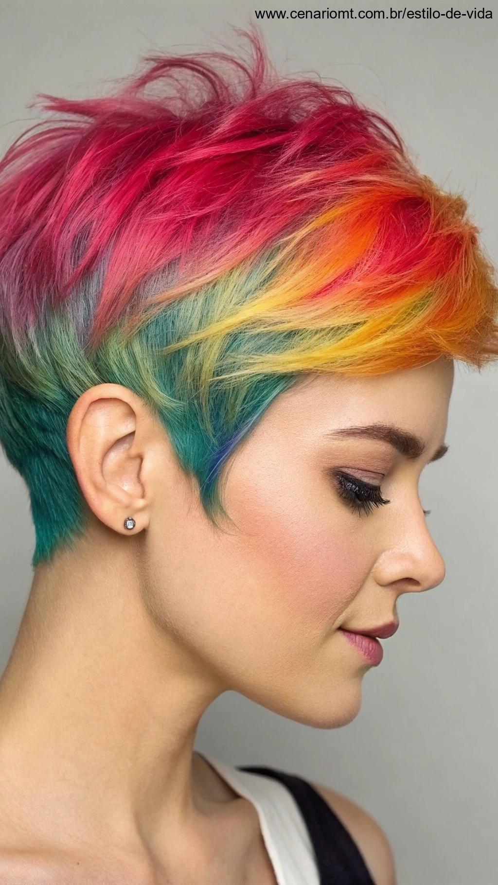 Pixie cut colorido com tons vibrantes e visual criativo.