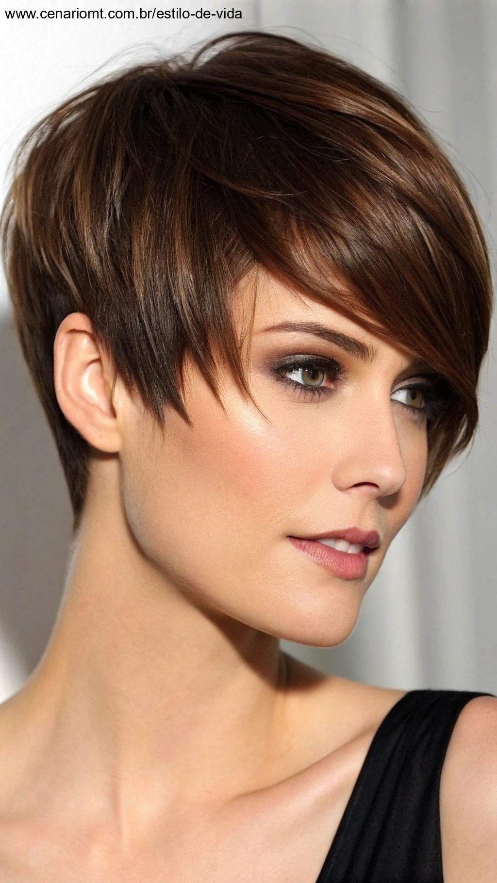 Pixie cut com franja longa e camadas harmoniosas.
