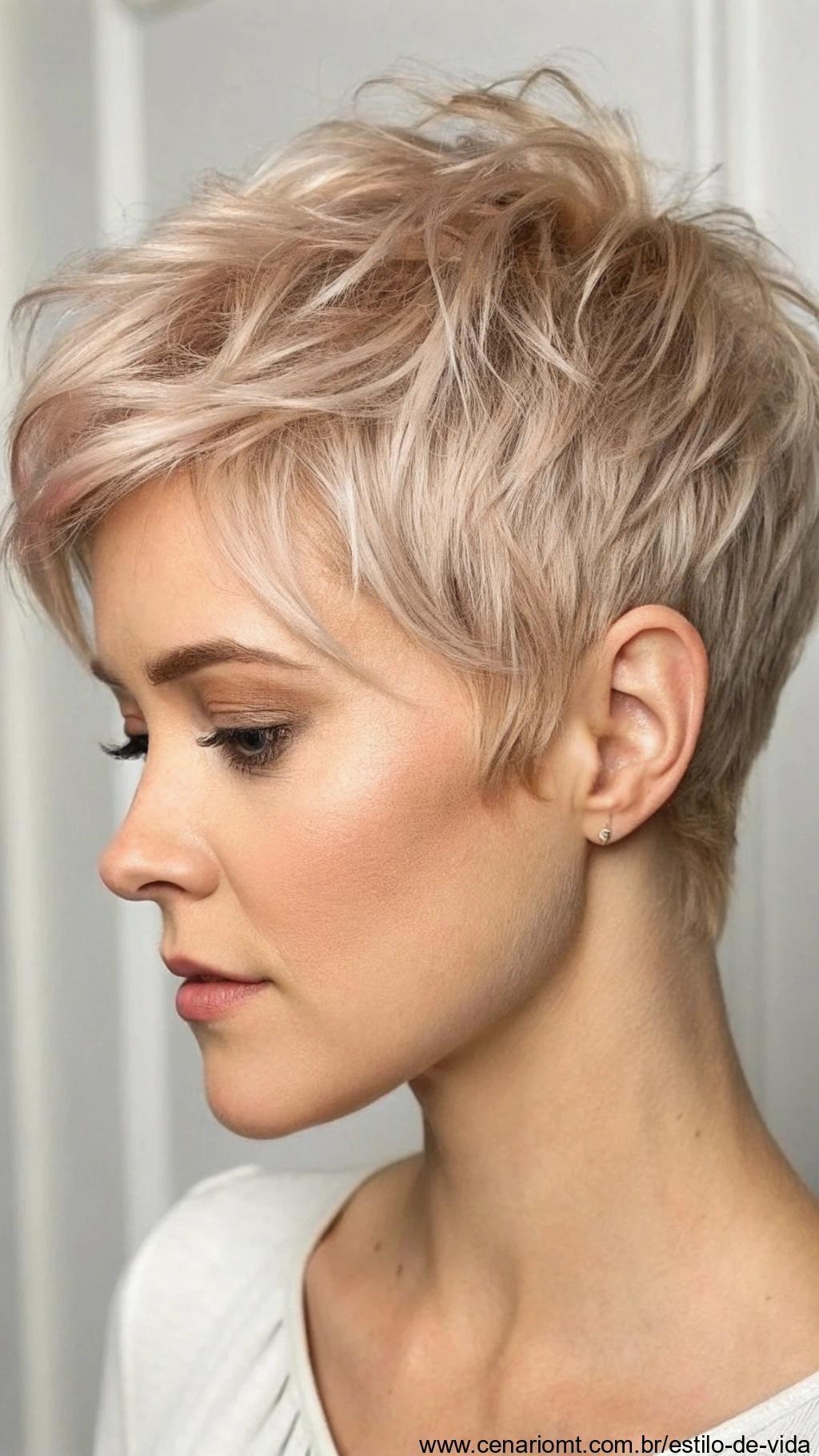 Pixie cut desfiado com camadas dinâmicas e acabamento leve.