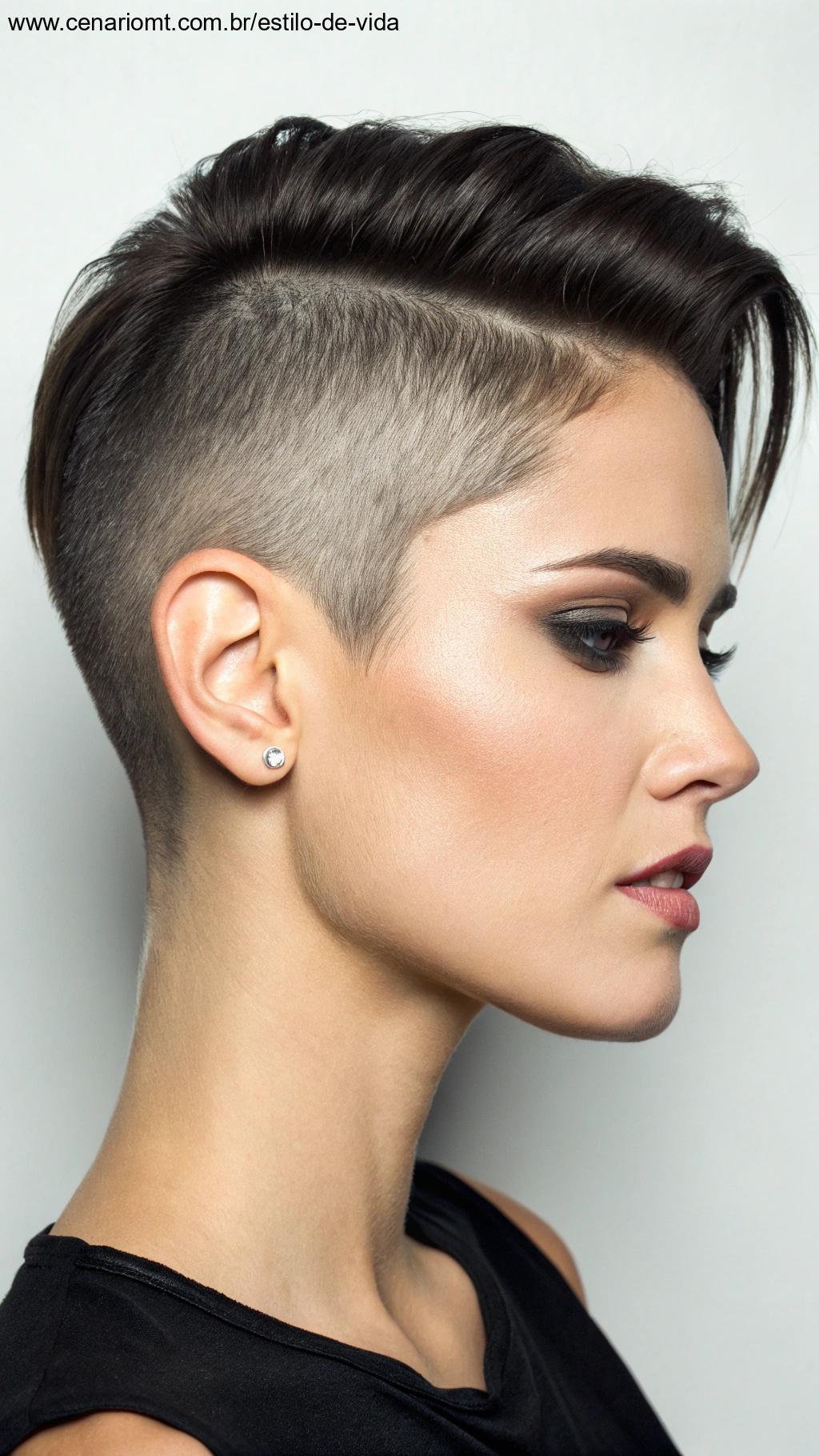 Pixie cut raspado nas laterais com topo alongado e estilizado.