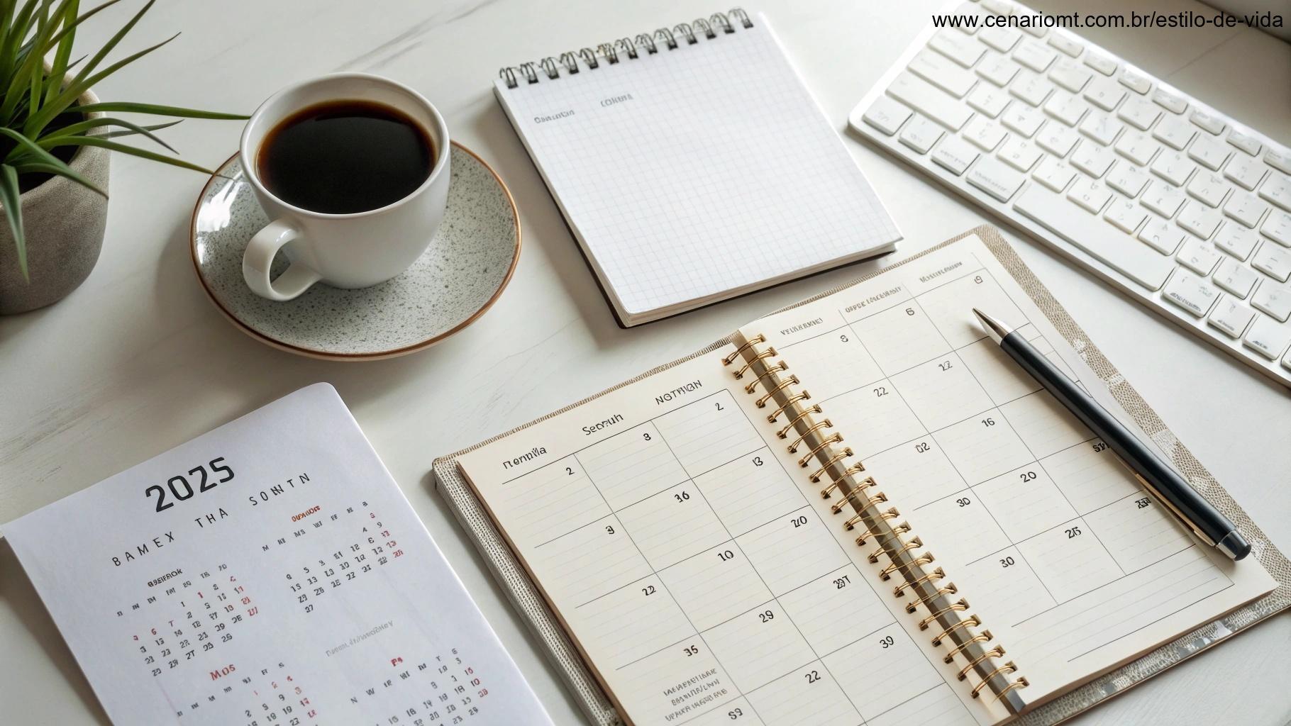 Mesa organizada com calendário, caderno e lista de tarefas, acompanhado de uma xícara de café.