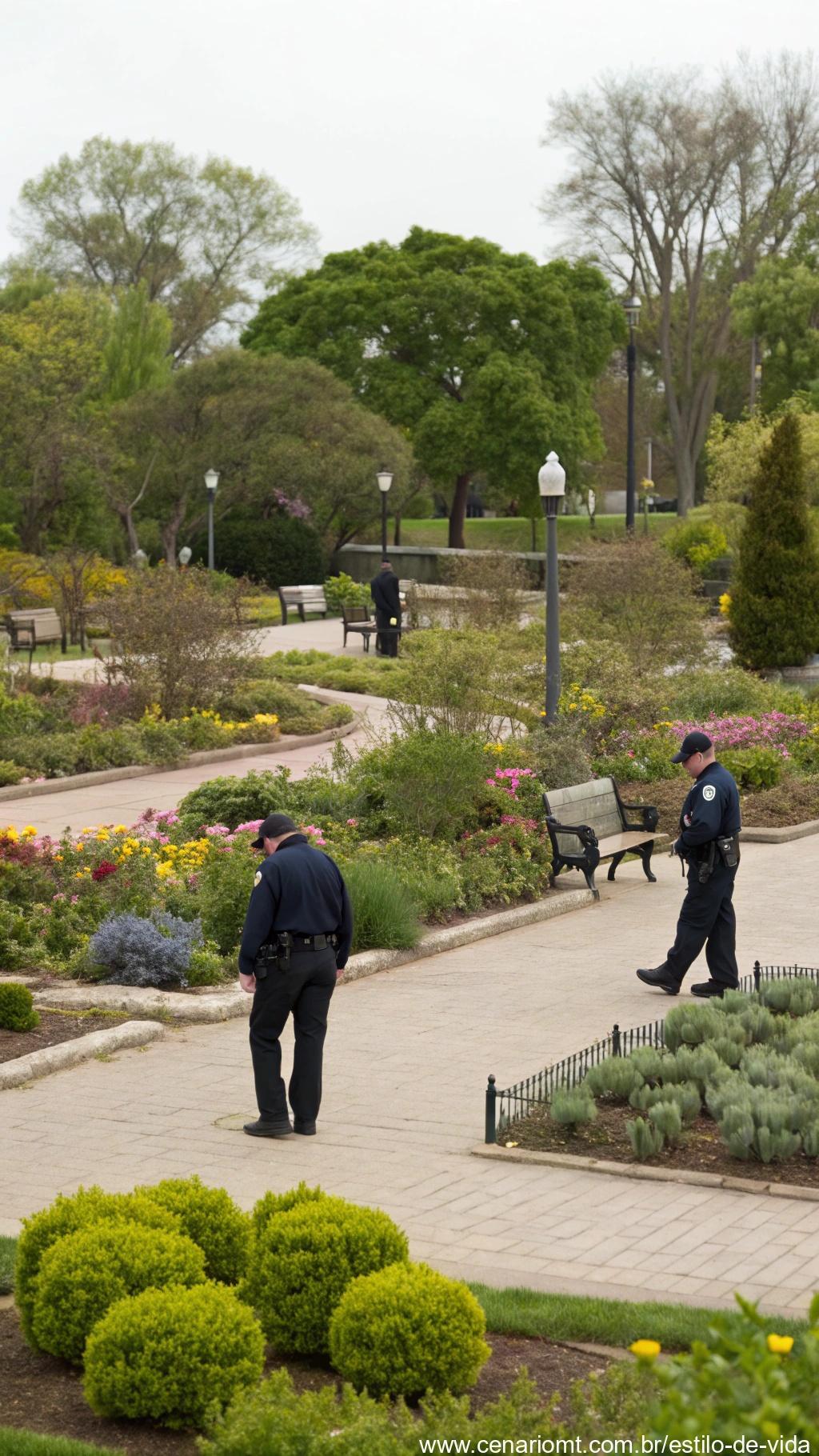 Parque público com plantas comuns sendo monitoradas por oficiais.