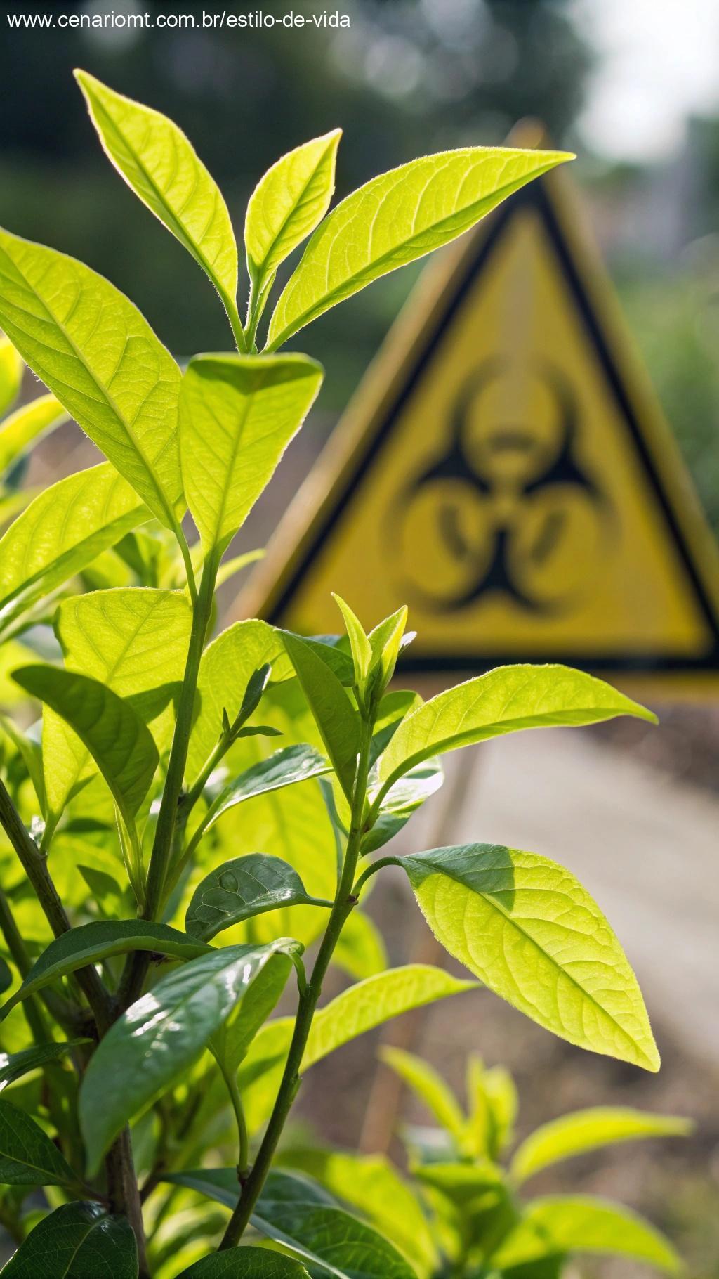 Planta verde brilhante com símbolo de alerta, representando sua natureza venenosa.