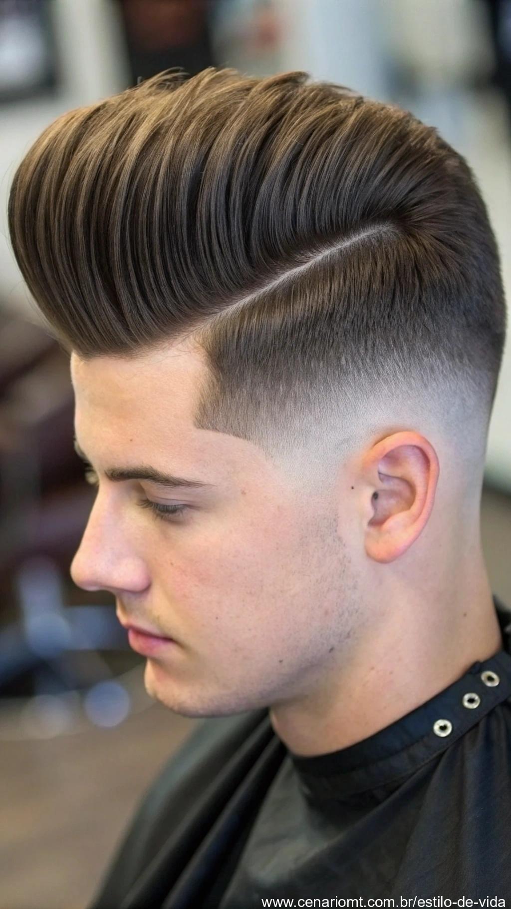 Pompadour moderno masculino com volume alto e acabamento impecável