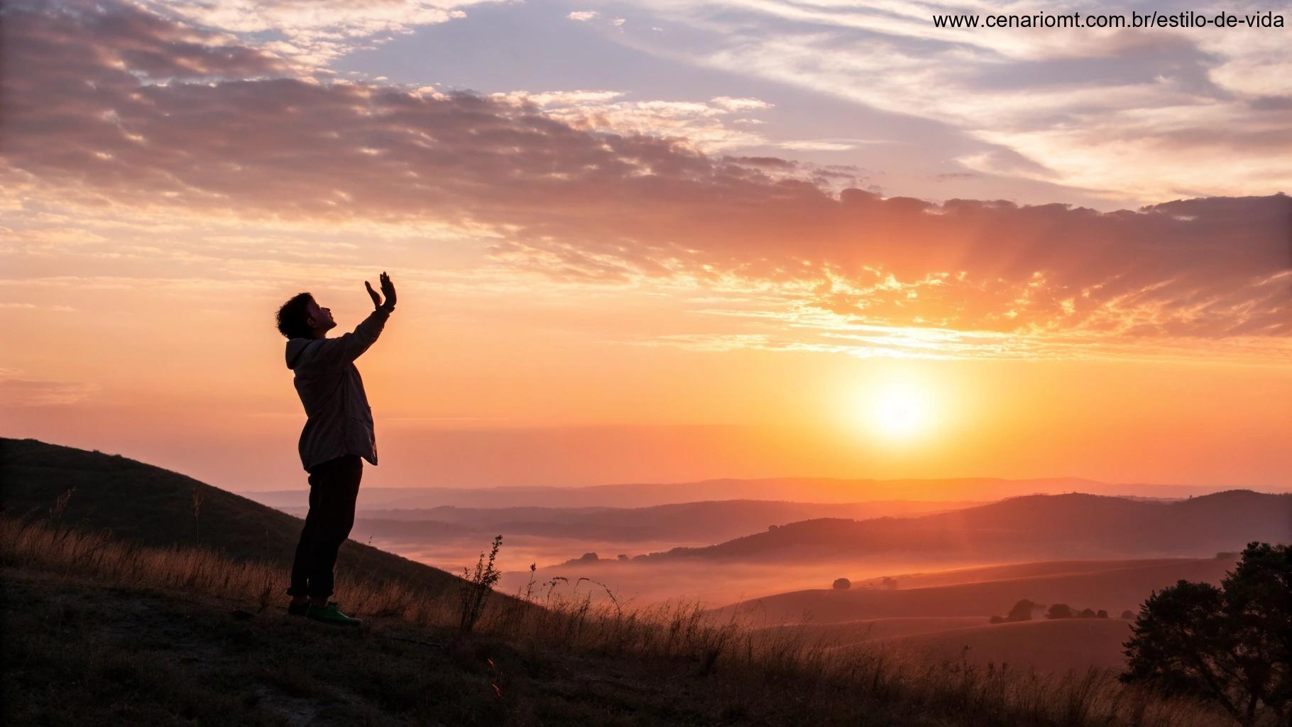 Nascer do sol brilhante sobre uma paisagem tranquila com uma pessoa de pé no topo de uma colina com as mãos levantadas em oração.