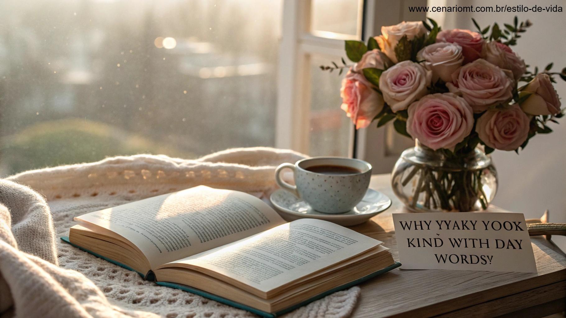 Cenário matinal tranquilo com livro, xícara de chá e rosas, simbolizando por que começar o dia com palavras de carinho.
