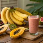 Bananas maduras em uma mesa de madeira ao lado de frutas tropicais e um copo de smoothie.