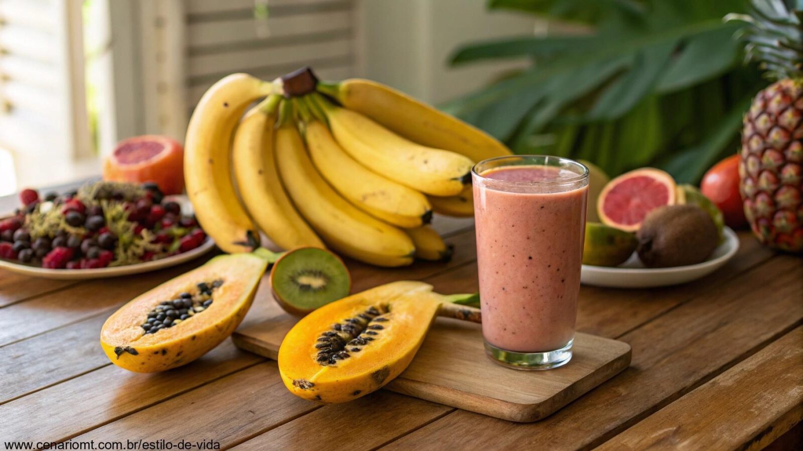 Bananas maduras em uma mesa de madeira ao lado de frutas tropicais e um copo de smoothie.