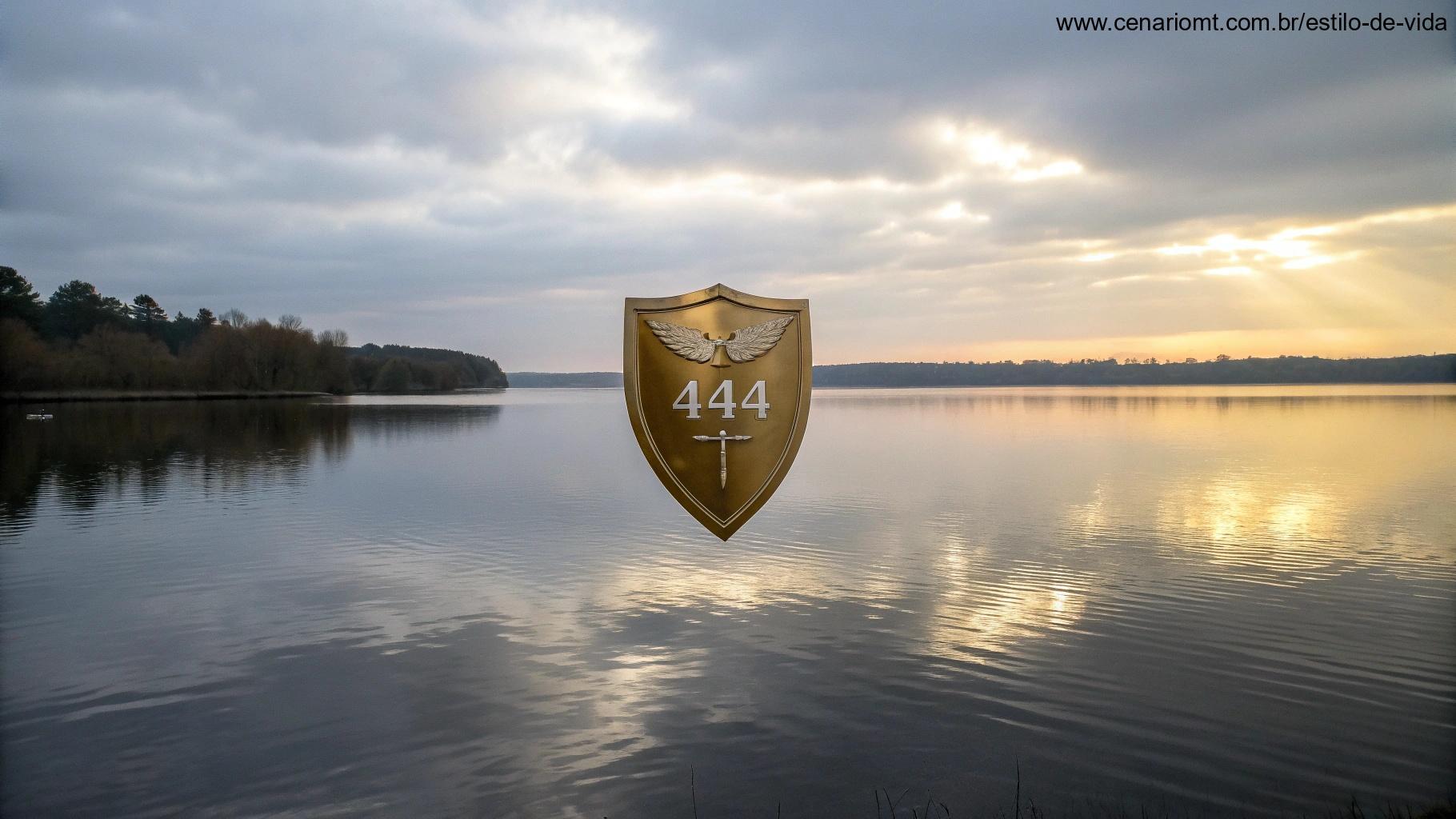 Um escudo dourado flutuando suavemente sobre um lago calmo, refletindo luz suave do céu.