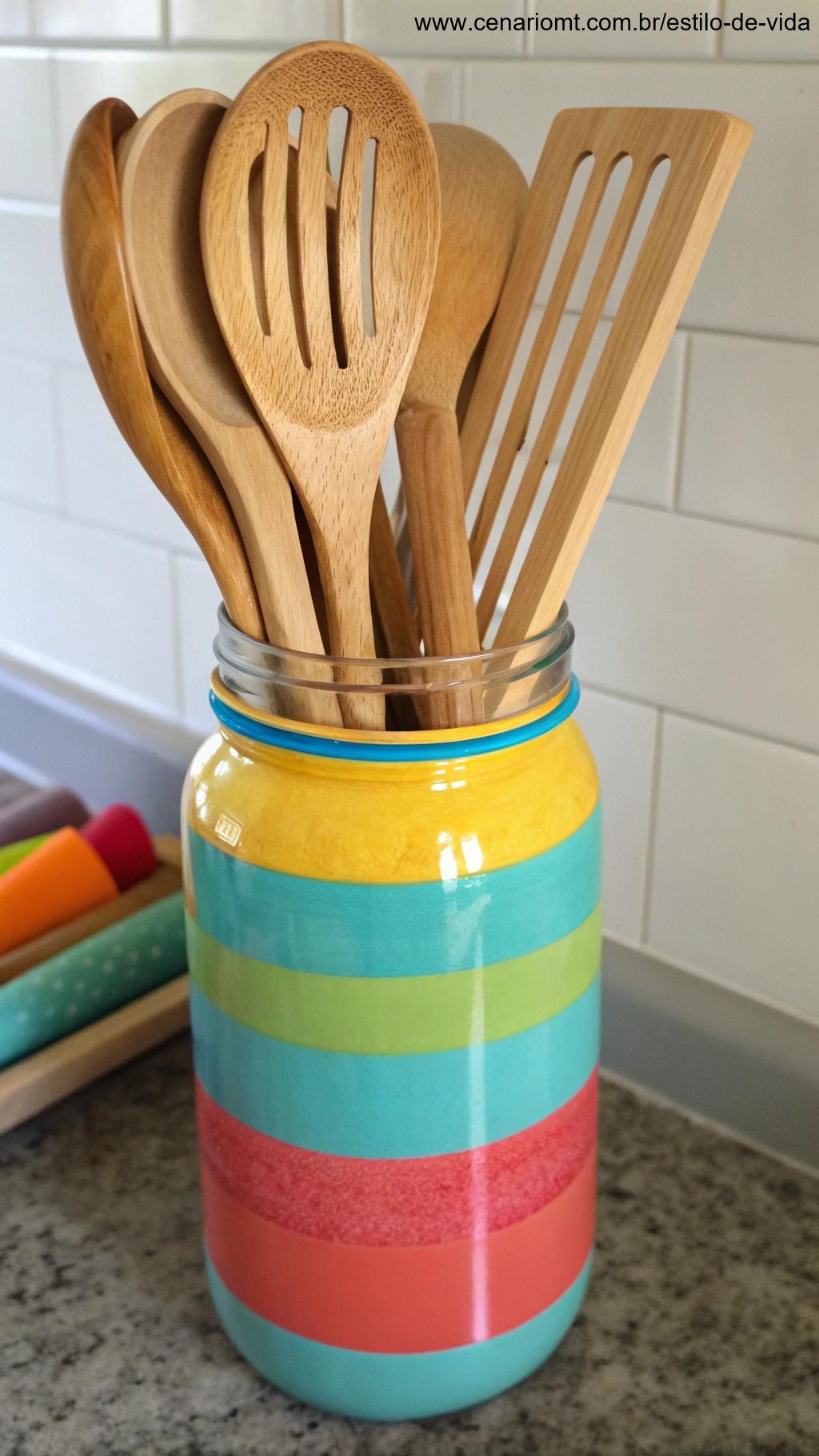 Porta-utensílios de cozinha feito com frasco de vidro reaproveitado e pintado em cores vibrantes.