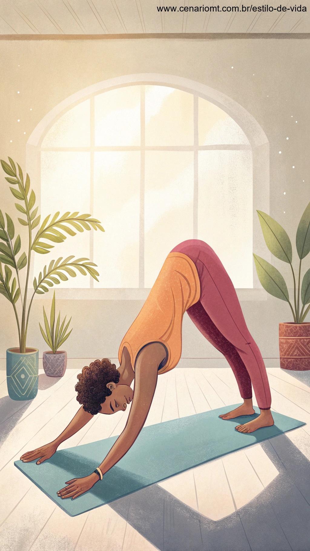 Postura do cão olhando para baixo em um estúdio de yoga.