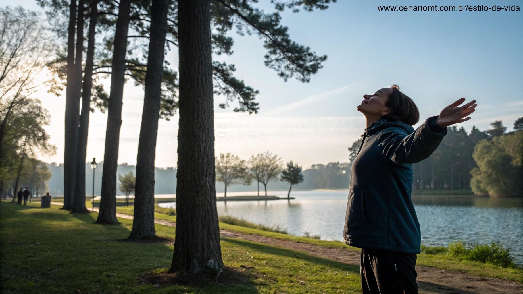Pessoa praticando respiração profunda ao ar livre em um parque tranquilo.