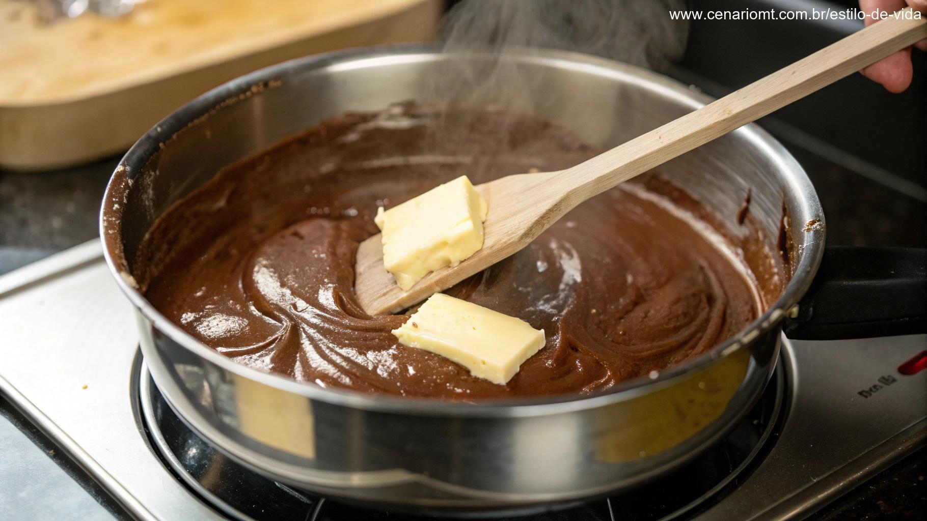 Panela no fogão com chocolate derretido e manteiga sendo misturados em uma cobertura cremosa.