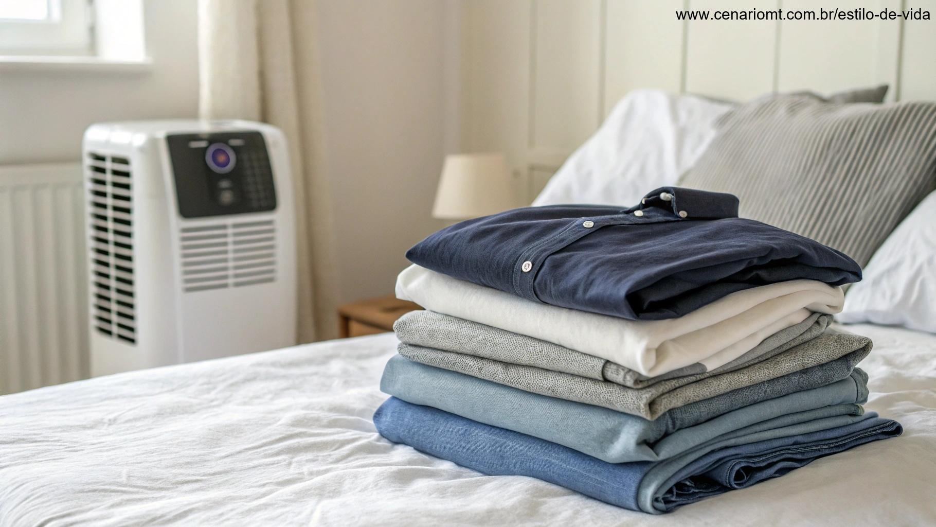 pilha de roupas em uma cama com um desumidificador ao fundo para prevenção de bolor