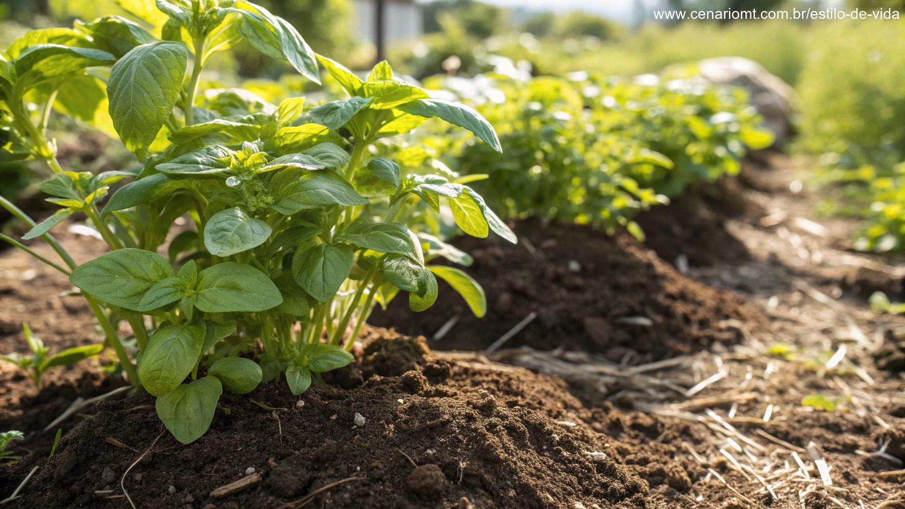 Plantas saudáveis com técnicas naturais de prevenção de fungos, como cobertura do solo e plantio consorciado.