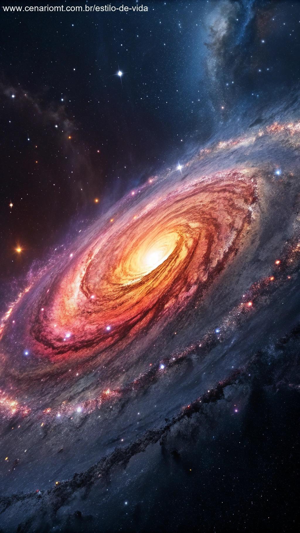 Imagem de alta resolução de um buraco negro no centro de uma galáxia, com seu horizonte de eventos e o disco de acreção brilhando em cores vibrantes.