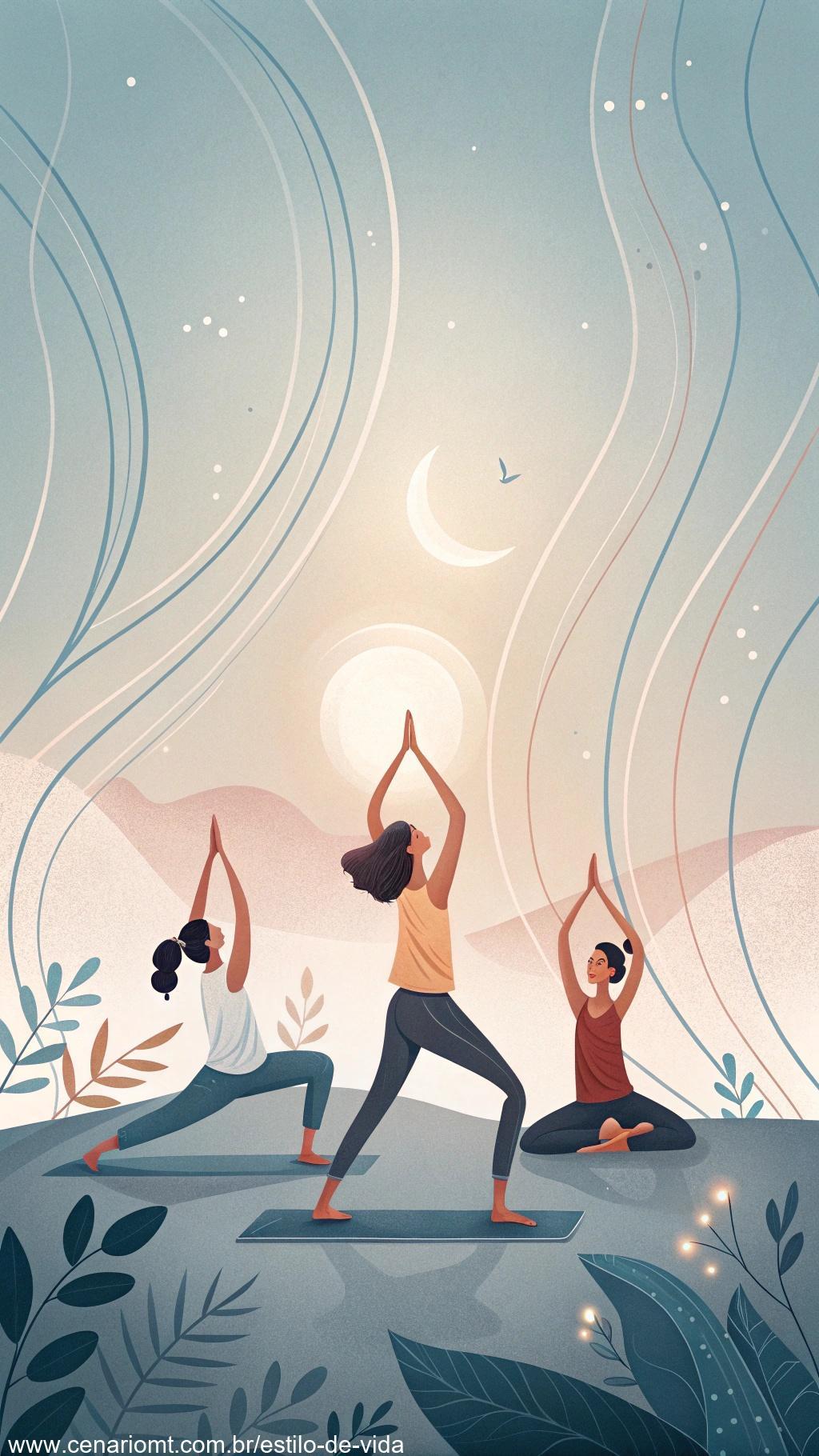 Uma cena de yoga harmoniosa com linhas fluidas e luzes suaves, promovendo o bem-estar geral