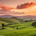 Paisagem serena e tranquila com colinas suaves, um pôr do sol brilhante no horizonte e um prado verdejante simbolizando prosperidade e abundância chegando à vida.
