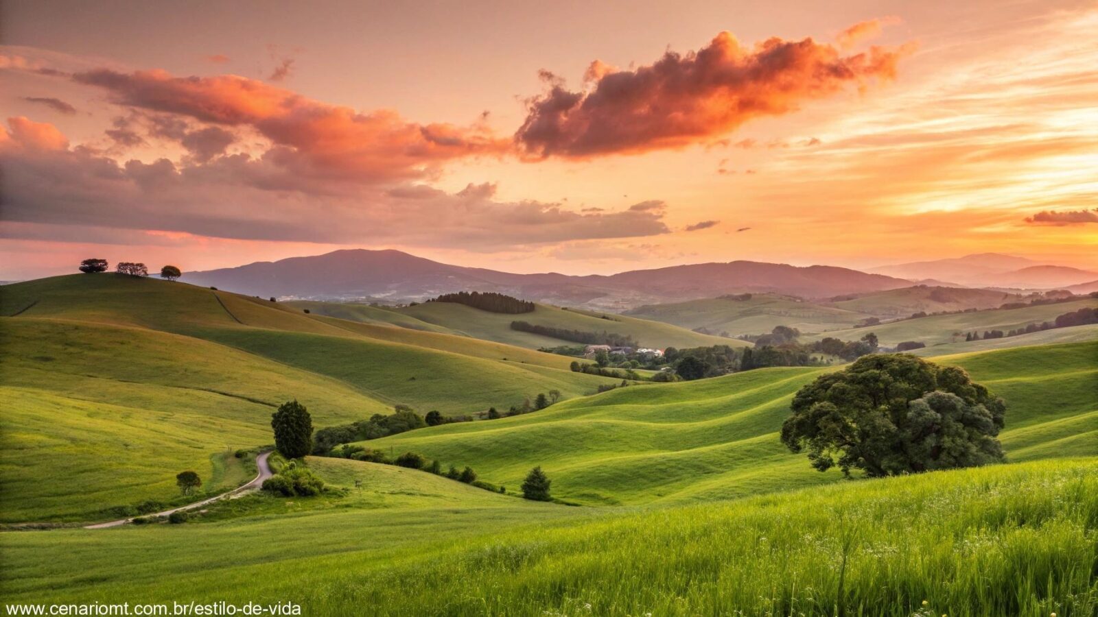 Paisagem serena e tranquila com colinas suaves, um pôr do sol brilhante no horizonte e um prado verdejante simbolizando prosperidade e abundância chegando à vida.
