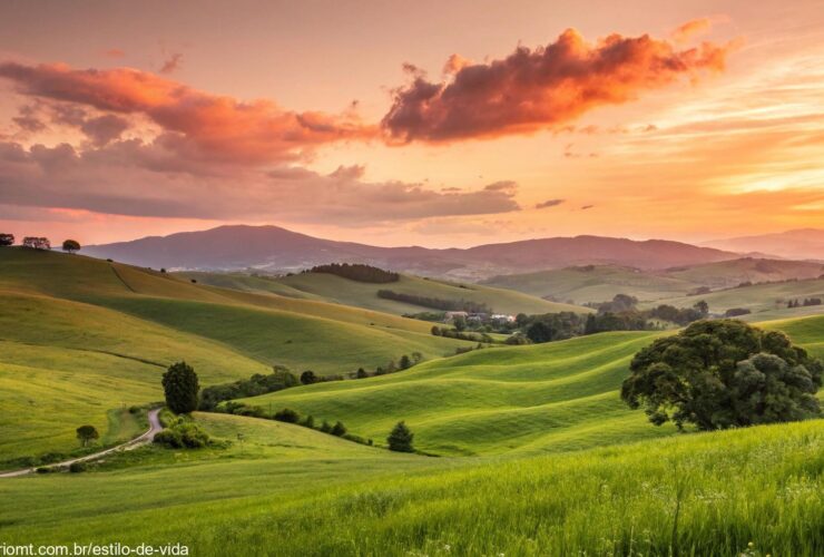 Paisagem serena e tranquila com colinas suaves, um pôr do sol brilhante no horizonte e um prado verdejante simbolizando prosperidade e abundância chegando à vida.