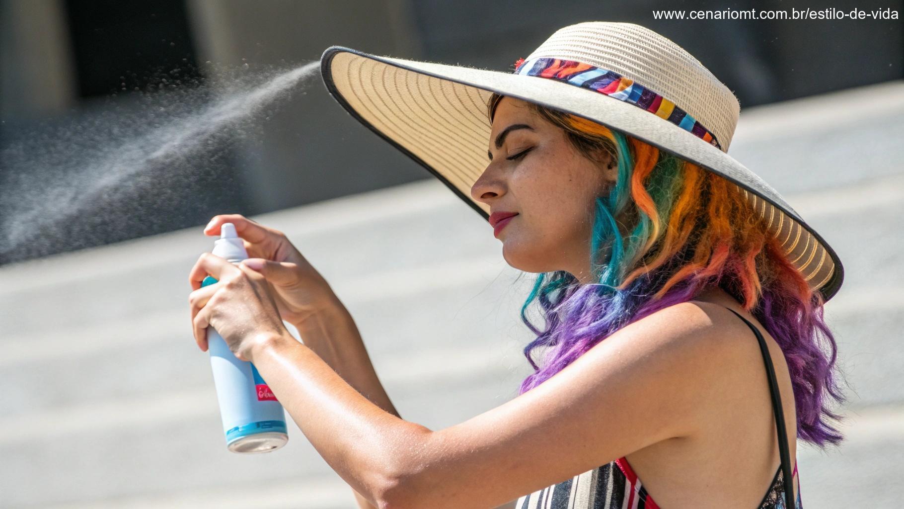 Cabelos coloridos protegidos com chapéu e spray contra raios UV