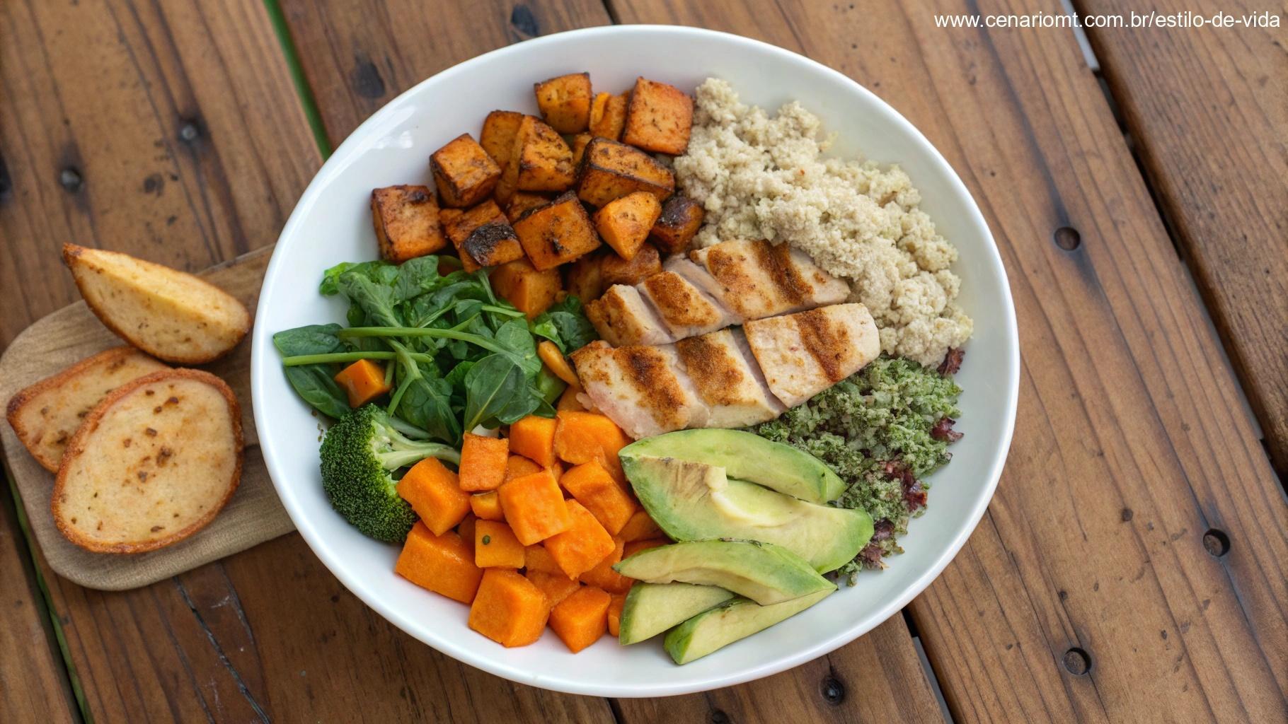 Prato equilibrado com batata-doce, mandioca, proteína magra e vegetais.