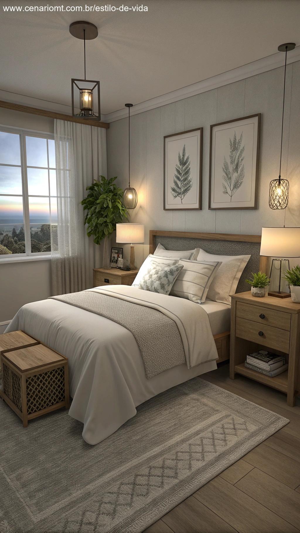 um quarto arrumado com cama feita e mesas de cabeceira organizadas