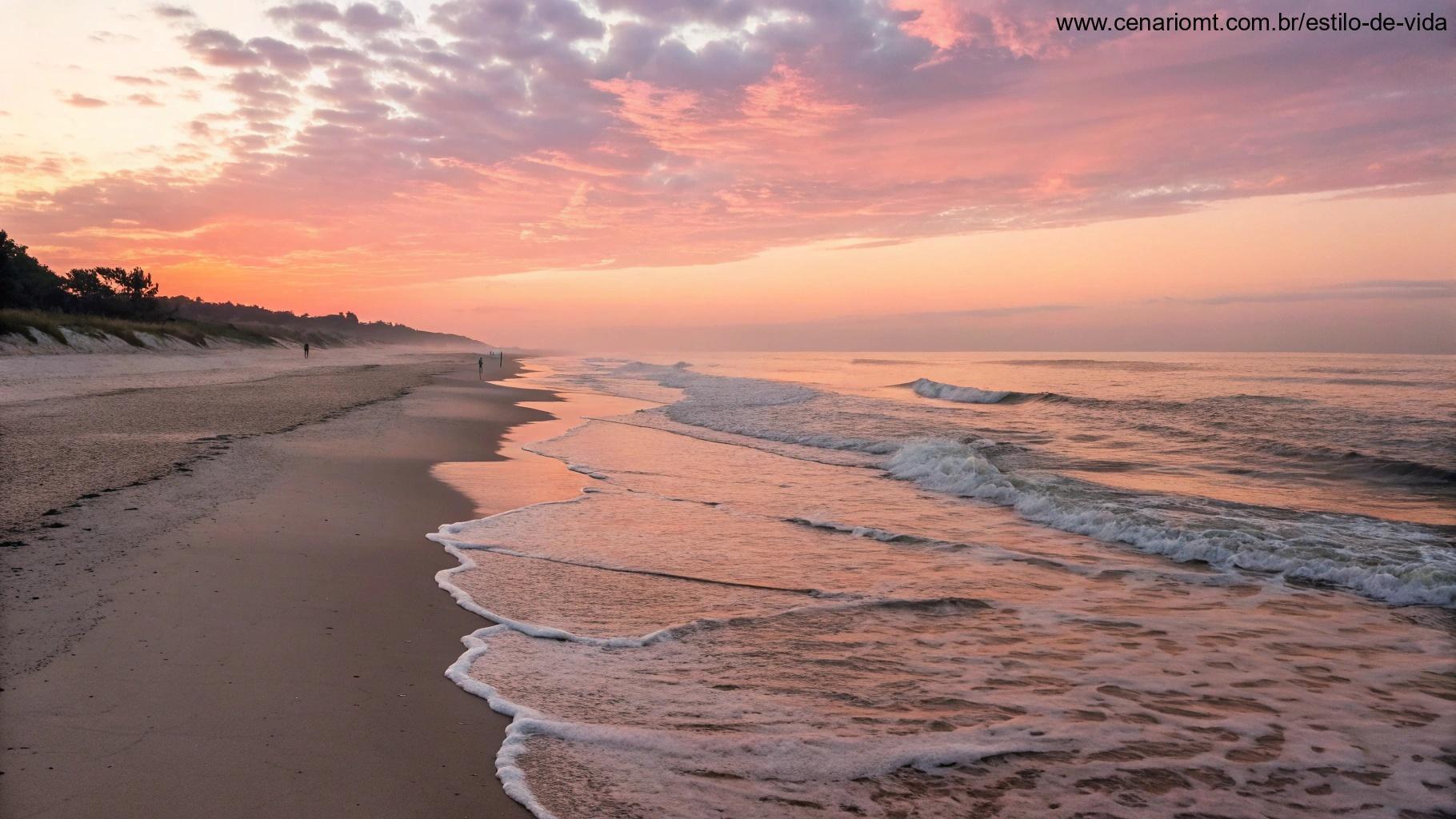 Praia tranquila ao amanhecer, com ondas suaves batendo na orla e o céu pintado de tons de rosa e laranja.