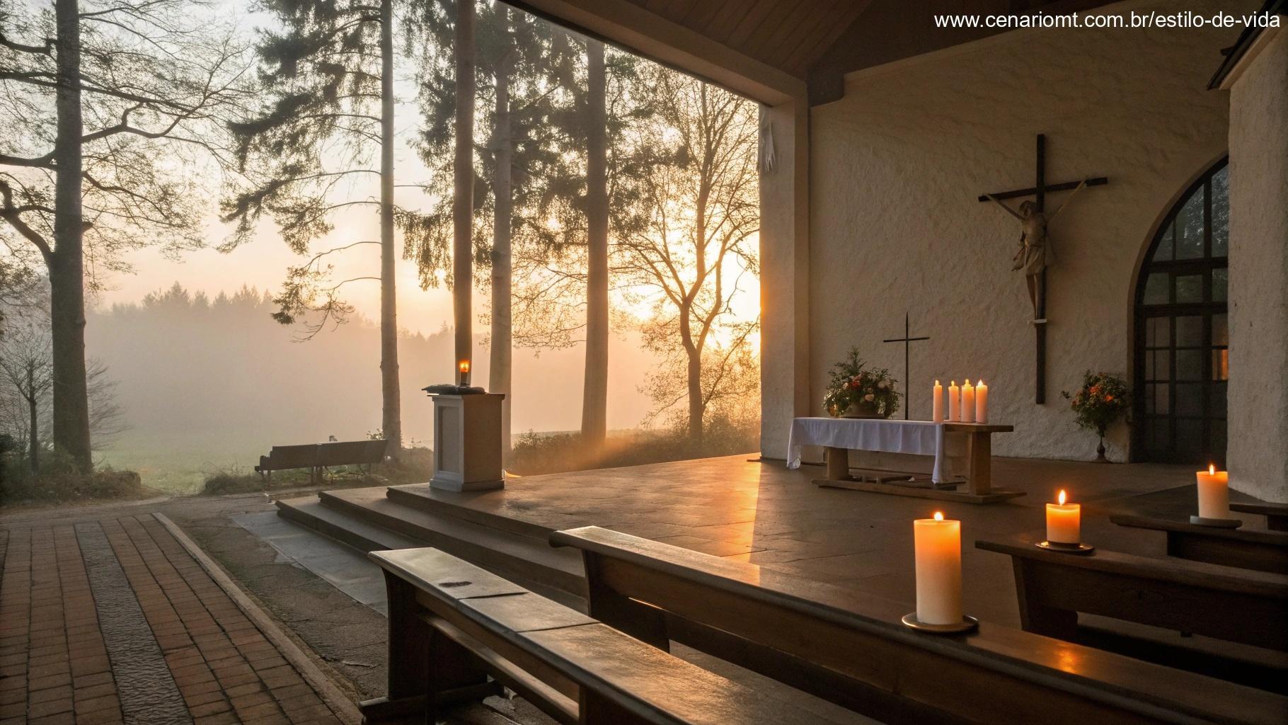 Capela silenciosa iluminada pela luz da manhã, com velas acesas simbolizando fé.