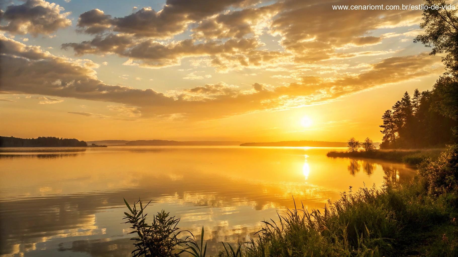 O nascer do sol sobre um lago calmo, com suaves ondas refletindo os tons dourados do céu.