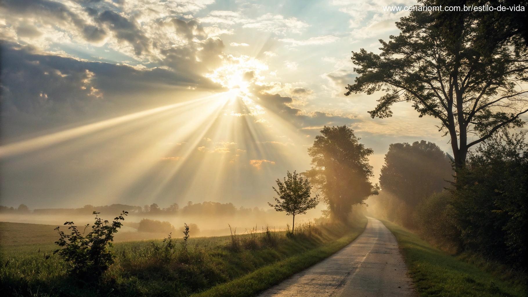 Luz radiante iluminando uma paisagem tranquila, transmitindo uma sensação de divindade e bênçãos.