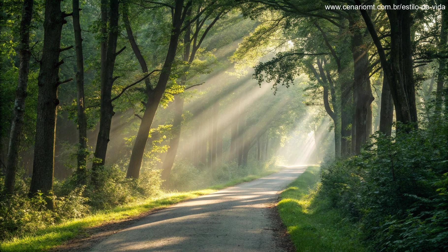 Um caminho tranquilo através de uma floresta com raios de luz suaves filtrando pelas árvores.