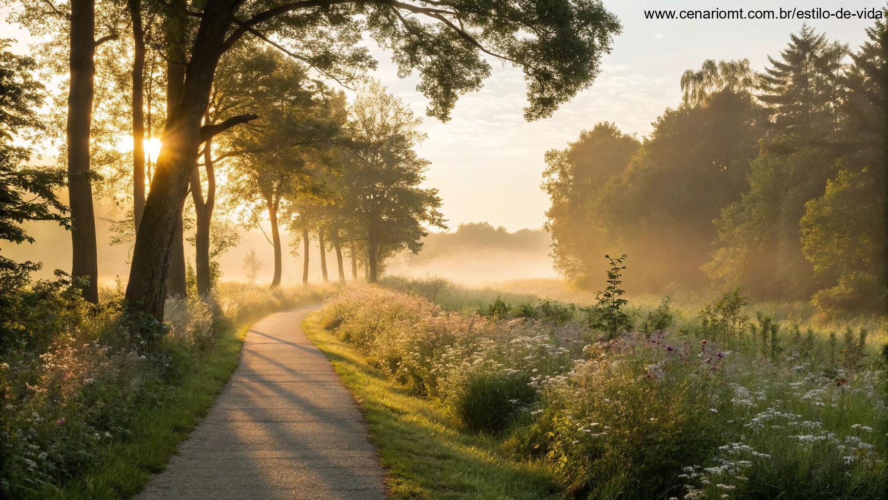 Manhã de sábado calma e inspiradora com caminho cercado por natureza e sol dourado.