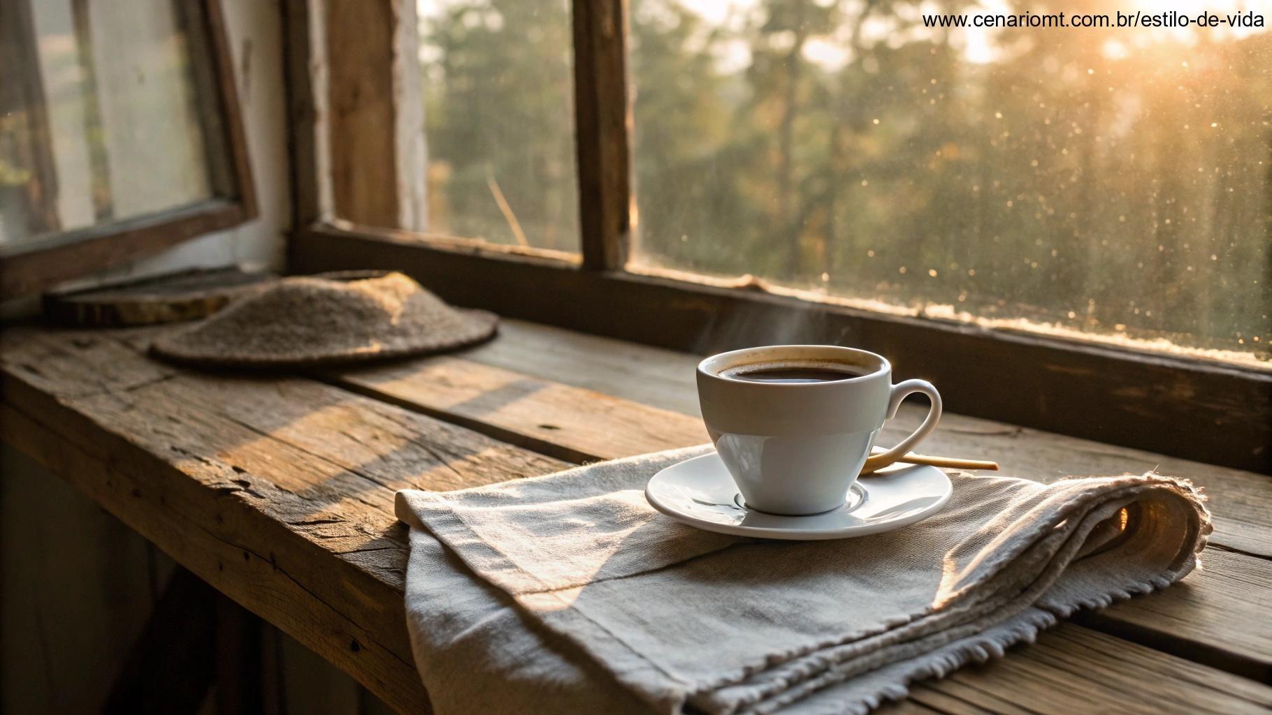 Xícara de café sobre uma mesa rústica perto da janela, com a luz da manhã trazendo uma sensação de gratidão.