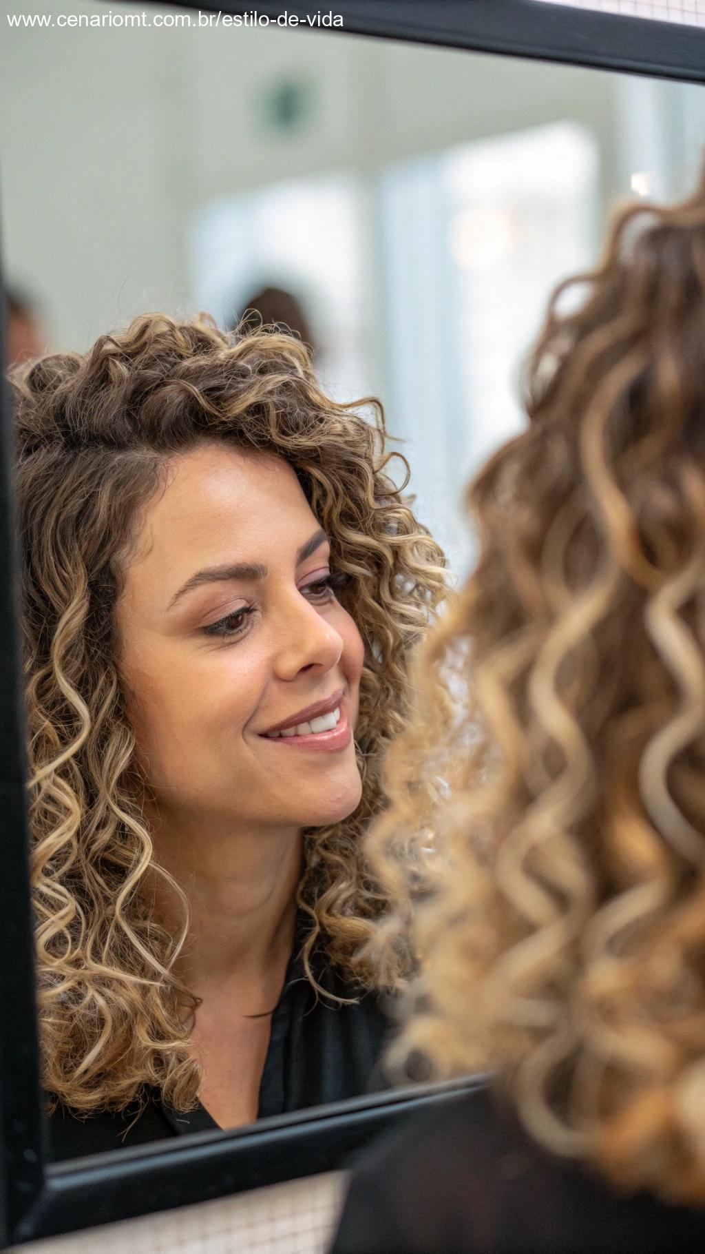 Mulher com cabelo repicado, sorrindo enquanto observa o estilo no espelho.
