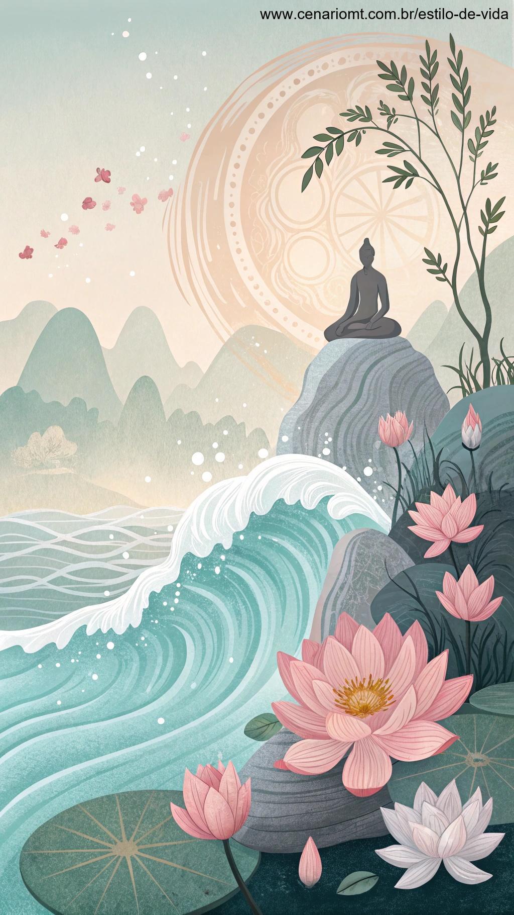 Um ambiente de yoga tranquilo com cores suaves e elementos que simbolizam a redução da ansiedade