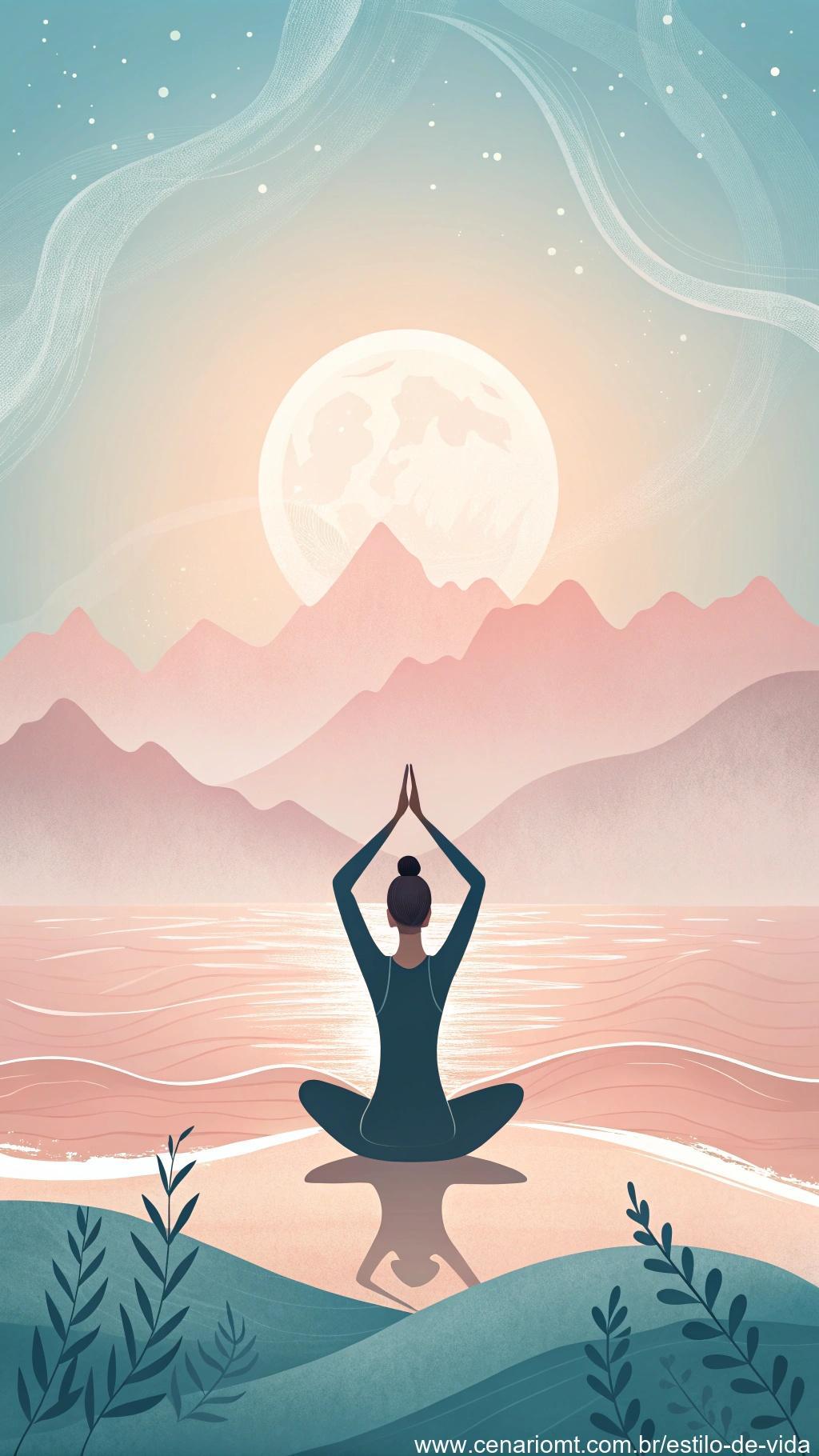 Uma cena tranquila com uma pessoa praticando yoga, com elementos que simbolizam a redução do estresse