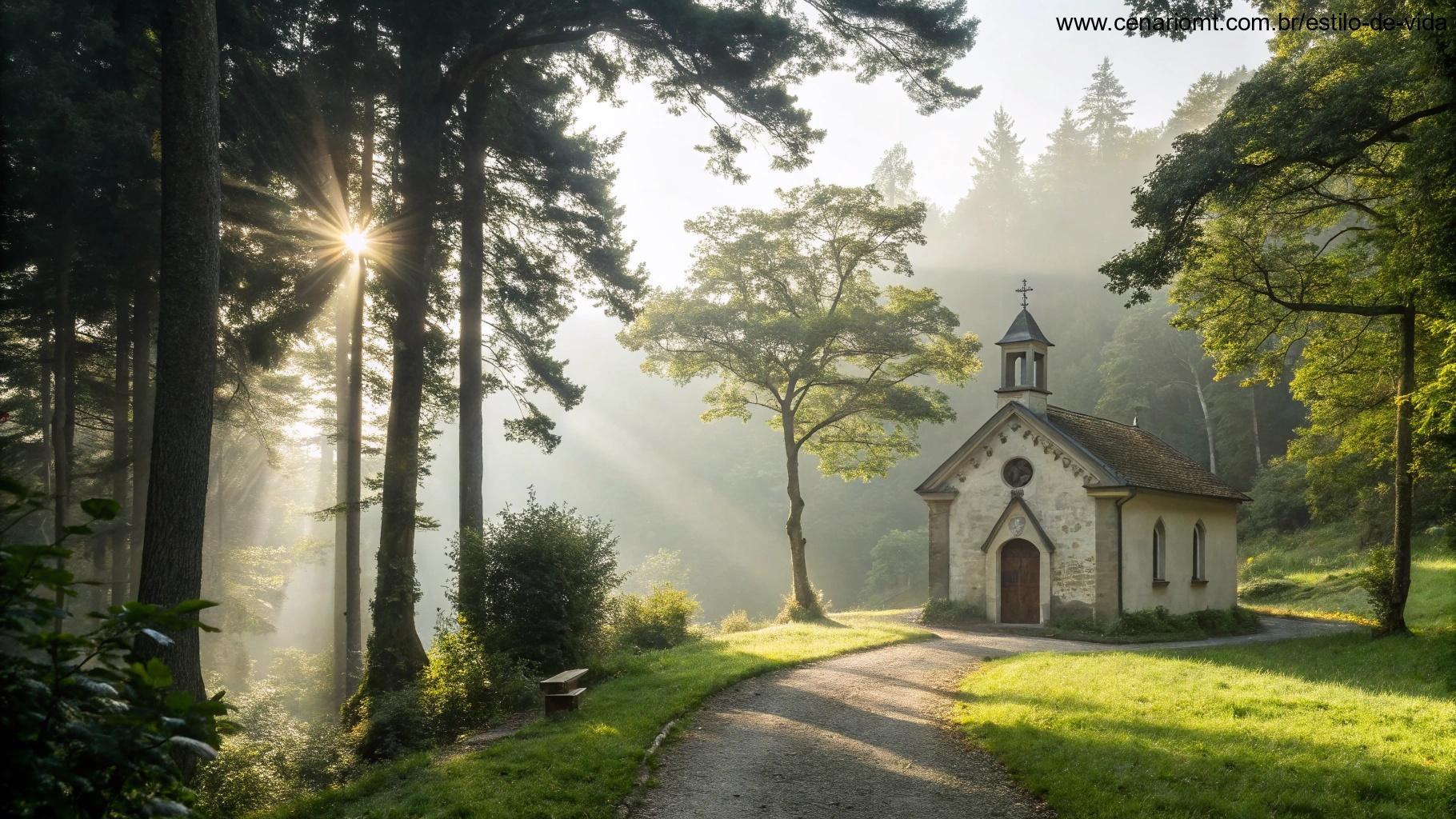 Imagem de uma capela tranquila cercada pela natureza, com a luz do sol filtrando pelas árvores, evocando reflexão e conexão divina.