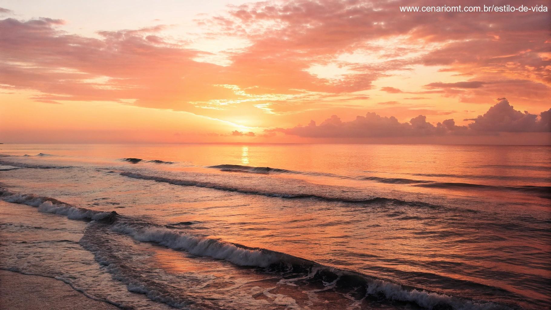 Um belo nascer do sol sobre um oceano calmo, com ondas suaves, transmitindo uma sensação de novos começos e esperança.