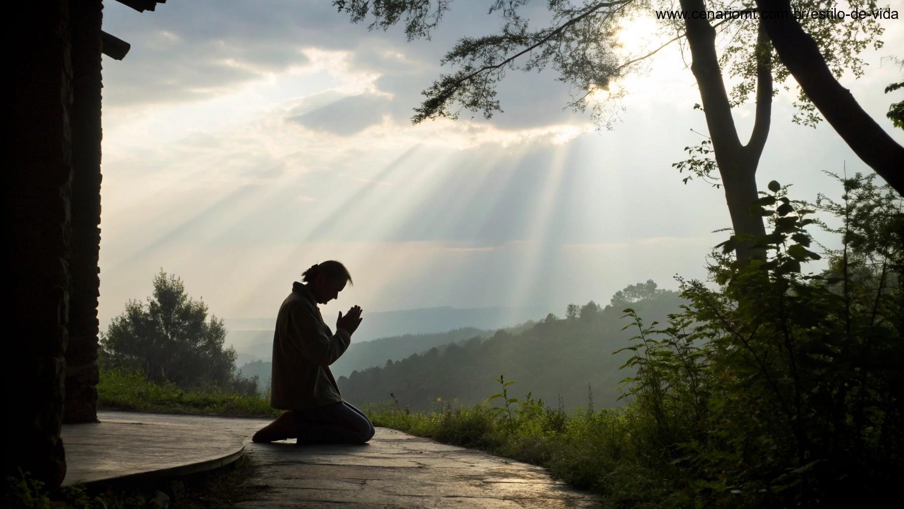 Cena tranquila de uma pessoa orando em um espaço natural e silencioso, com luz suave iluminando o ambiente, simbolizando um momento de oração e conexão com o divino.