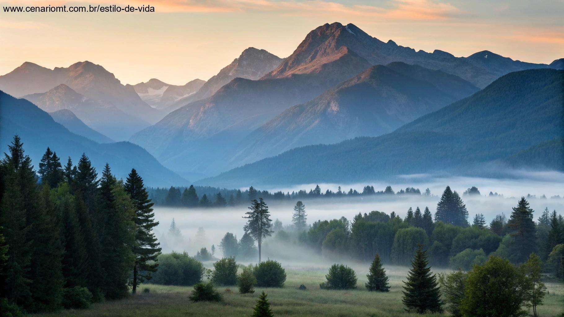 Imagem de uma paisagem montanhosa serena ao amanhecer com névoa sobre os picos.
