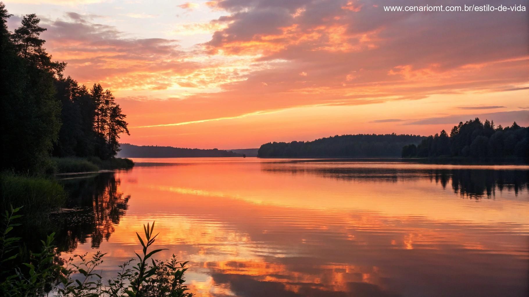 Um belo pôr do sol sobre um lago tranquilo, com as cores do céu refletindo na água, simbolizando um momento de paz e oração.