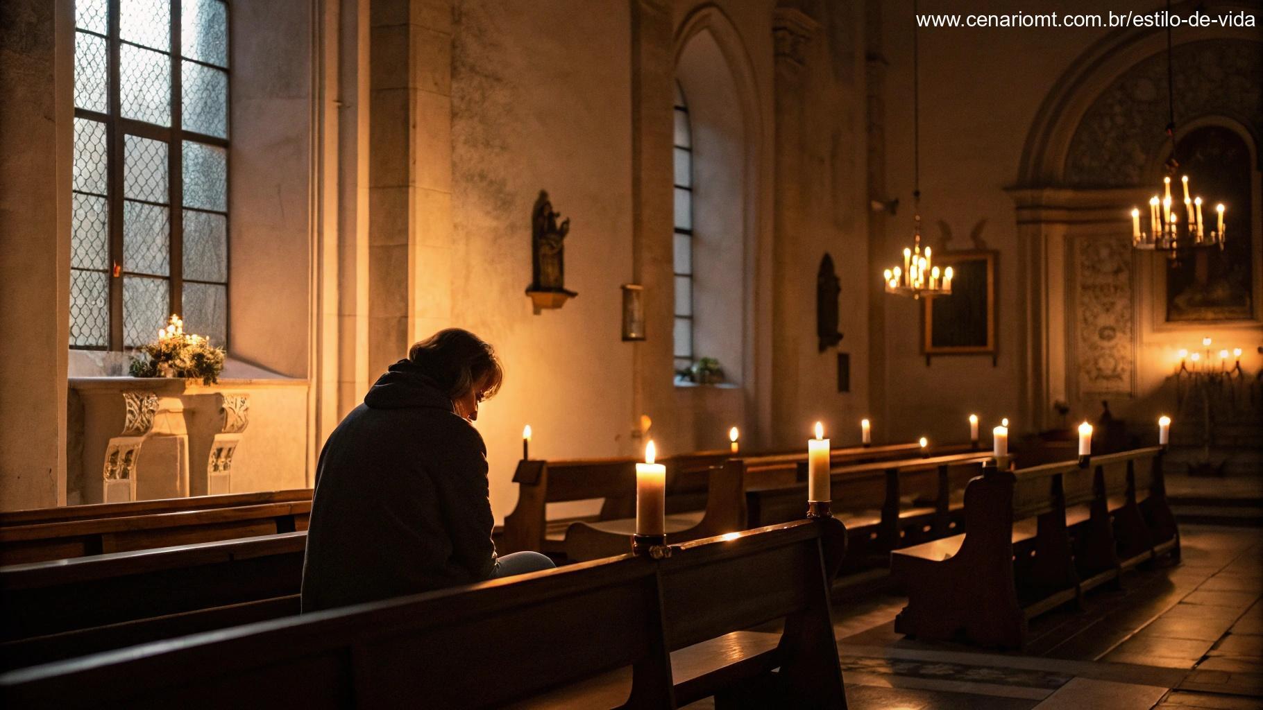 Interior de igreja com luz suave de velas e pessoa refletindo em silêncio.