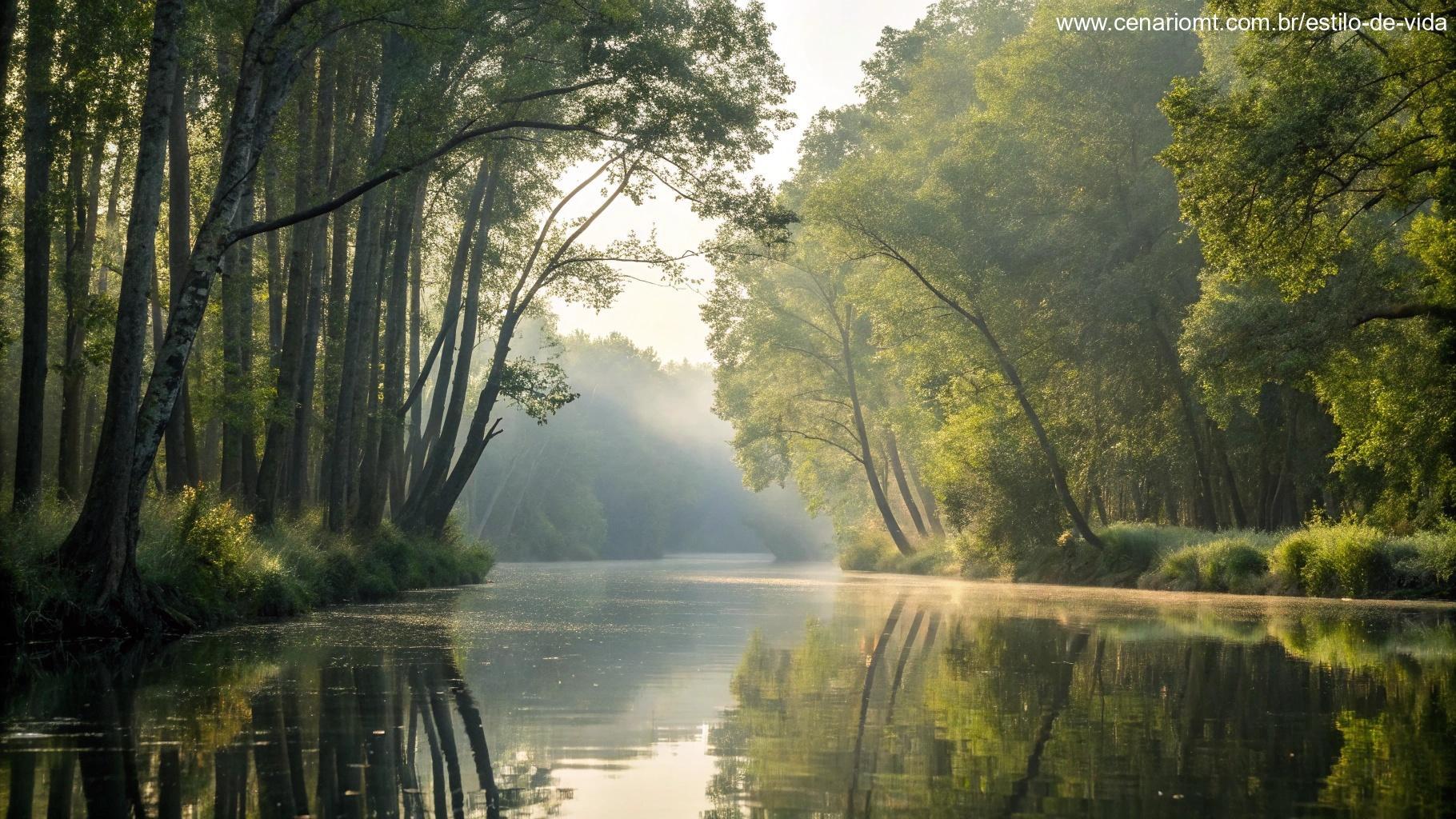 Imagem de um momento de paz na natureza, com árvores e águas calmas, criando uma atmosfera de reflexão e tranquilidade para a quarta-feira.