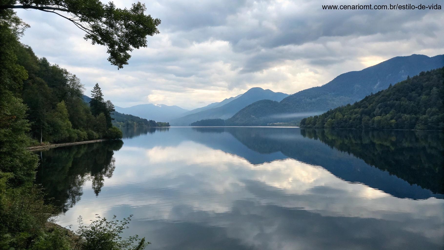Lago calmo e tranquilo, rodeado por montanhas, refletindo o céu sereno.