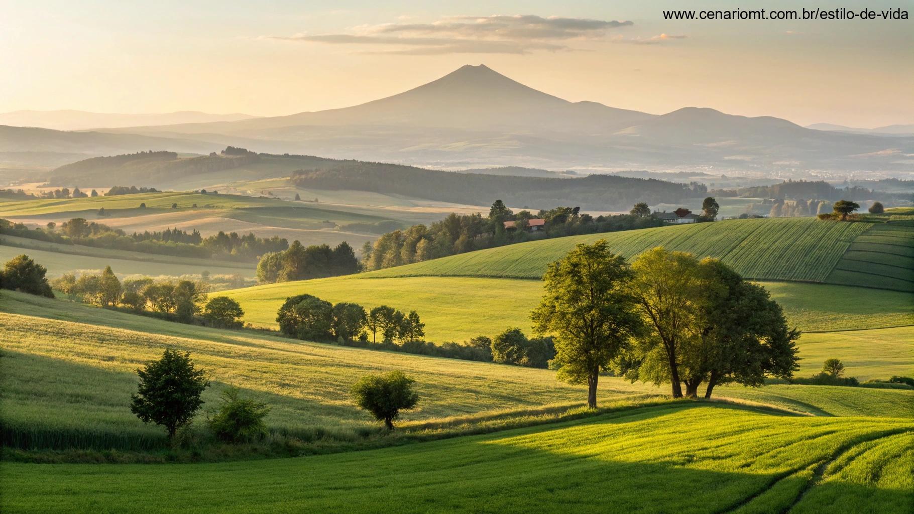 Paisagem tranquila com campos verdes e montanha ao fundo, iluminada pela luz suave da manhã.