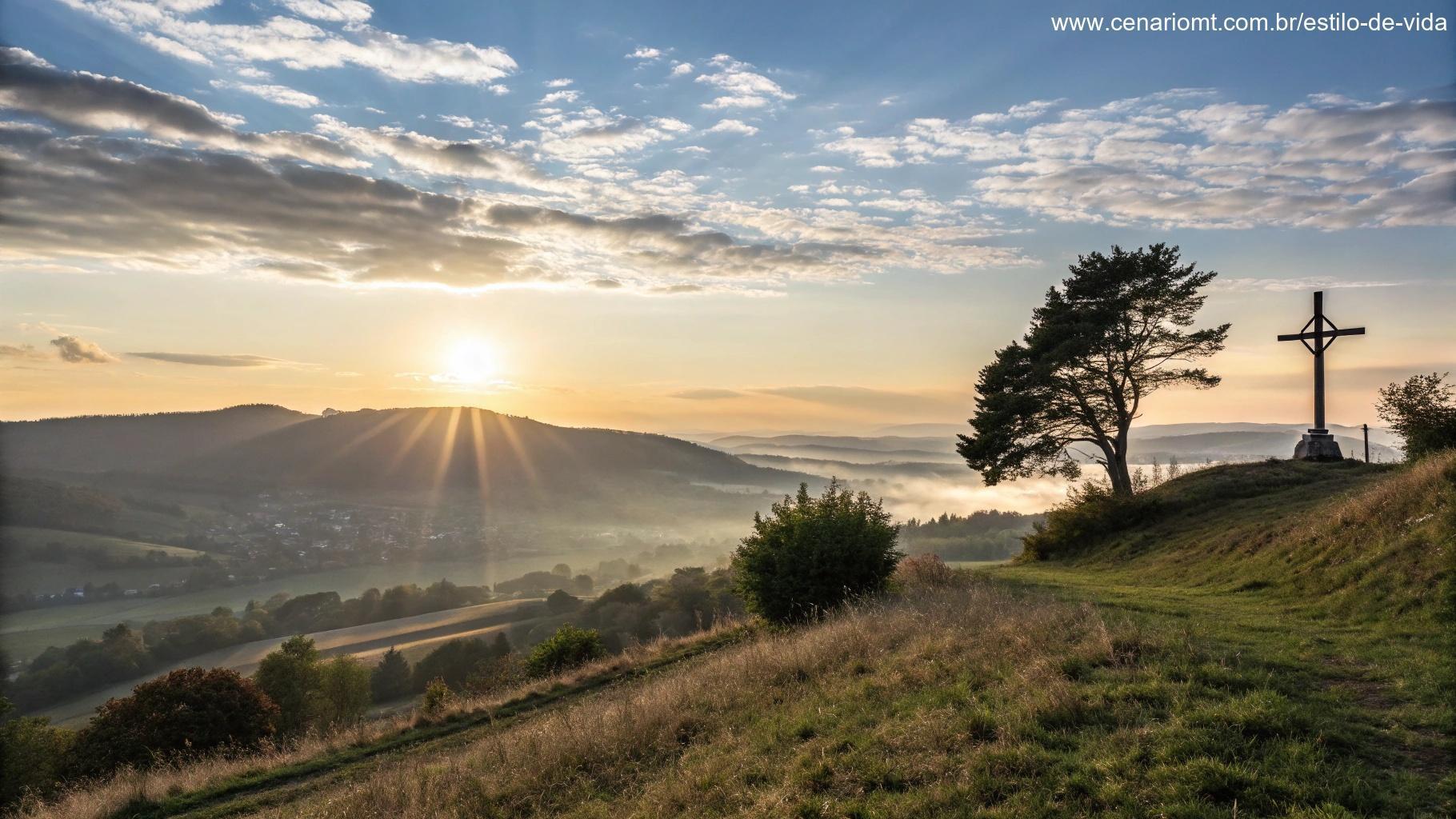 Um nascer do sol radiante sobre um campo tranquilo, com uma cruz no topo de uma colina e raios suaves de luz iluminando o ambiente.